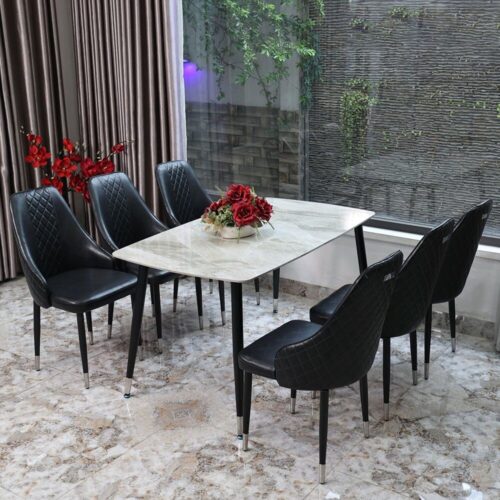 Combo Bàn Ceramic chân chữ U – Trắng + 6 Ghế da PU Beta chân sắt – Đen