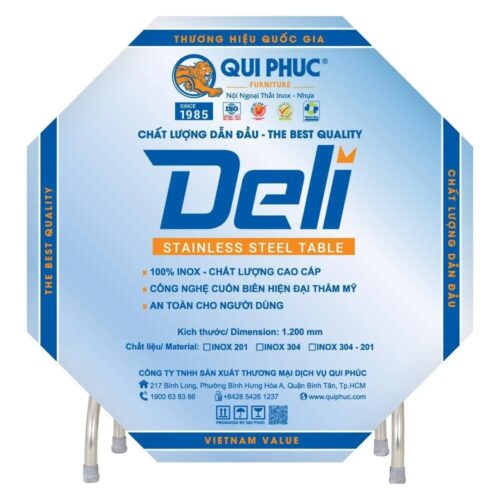 Combo Bàn inox DELI 1m2 cạnh vuông + 10 Ghế sắt sườn trắng DELI Bamboo inox chính hãng tại Cần Thơ