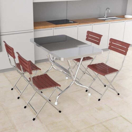 Combo Bàn inox DELI 700 x 1200 (mm) + 4 Ghế xếp nhựa 8 nan inox