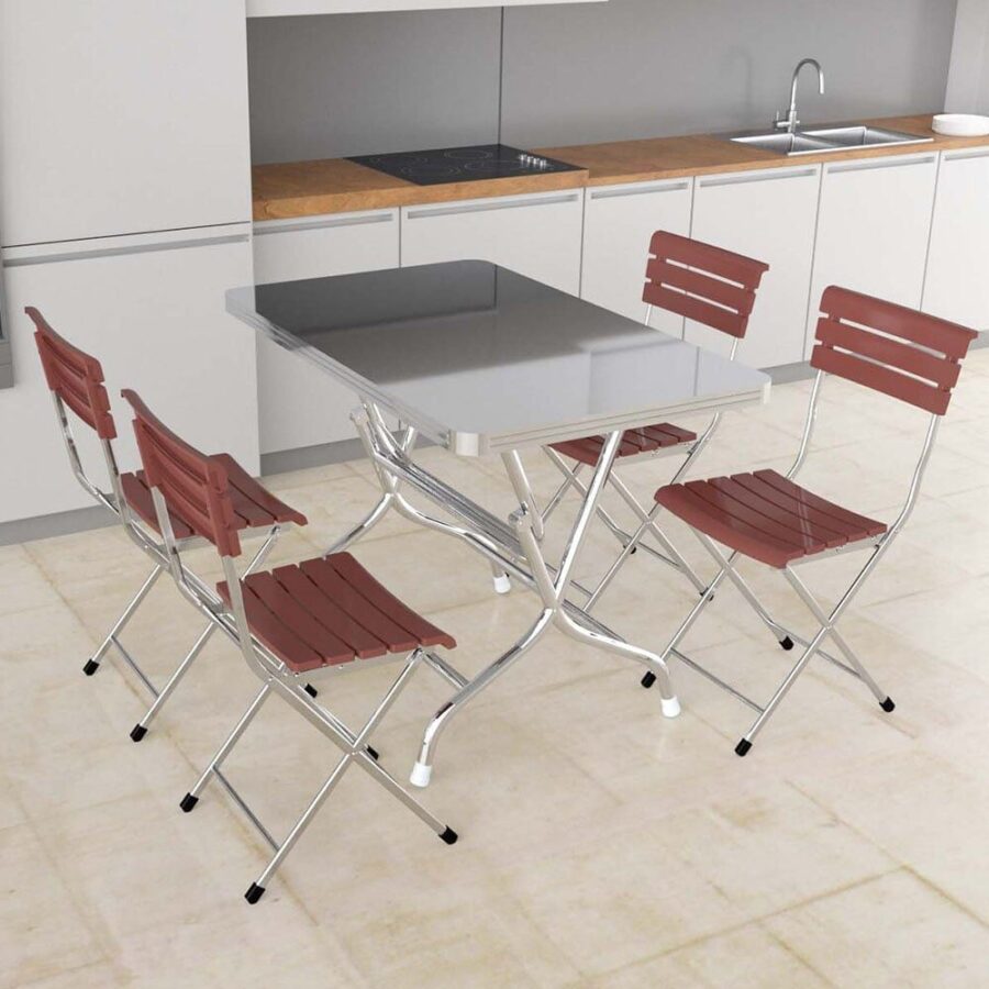 Combo Bàn inox DELI 700 x 1200 (mm) + 4 Ghế xếp nhựa 8 nan inox