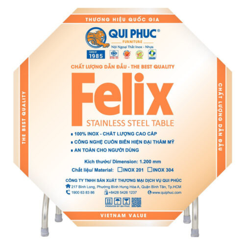 Combo Bàn inox FELIX 1m2 cạnh vuông + 10 Ghế đôn inox FELIX mặt 28 phi 19 bông inox chính hãng tại Cần Thơ