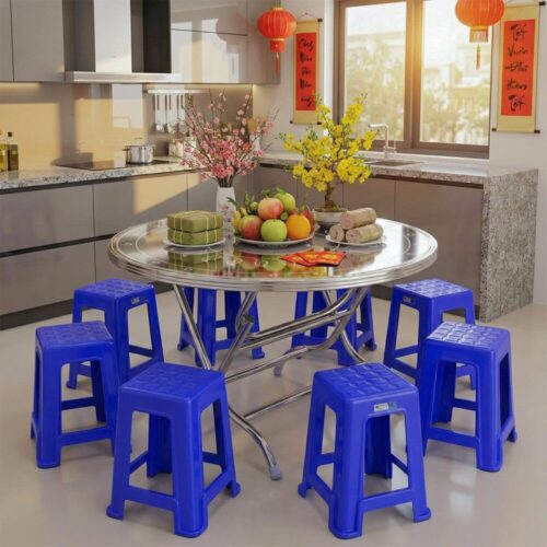 Combo Bàn inox FELIX 1m4 6U 304/201 cạnh vuông – Chiếc lá + 10 Ghế cao super