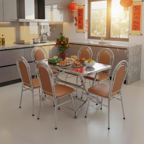 Combo Bàn inox FELIX 700 x 1200 (mm) 4U 201 + 6 Ghế xếp nệm inox WIN Oval phi 22