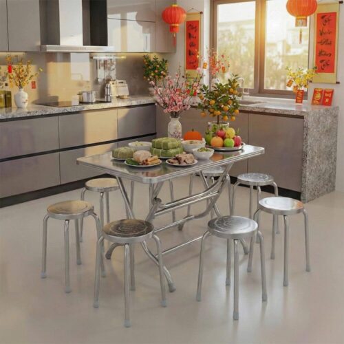 Combo Bàn inox FELIX 700 x 1400 (mm) 6U 304 + 8 Ghế đẩu inox DONA mặt 30 phi 25 304 (mới)