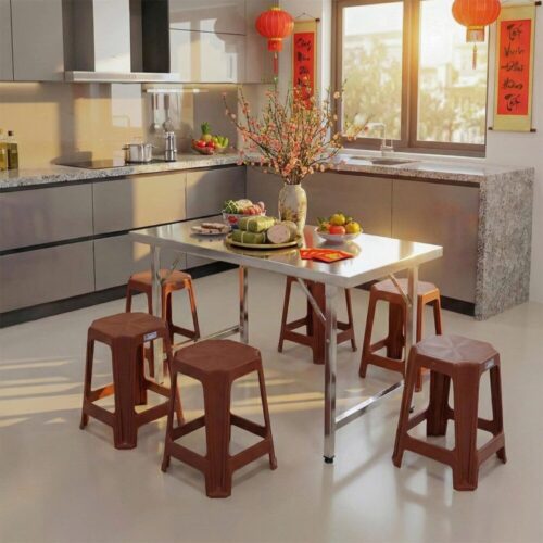 Combo Bàn inox FELIX chân xếp THÁI 800 x 1800 (mm) + 8 Ghế cao Jumbo