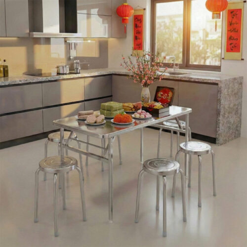 Combo Bàn inox FELIX Inno 680 x 1120 (mm) 201 – Laser – Leaf + 6 Ghế đẩu inox DONA mặt 30 phi 25 bông