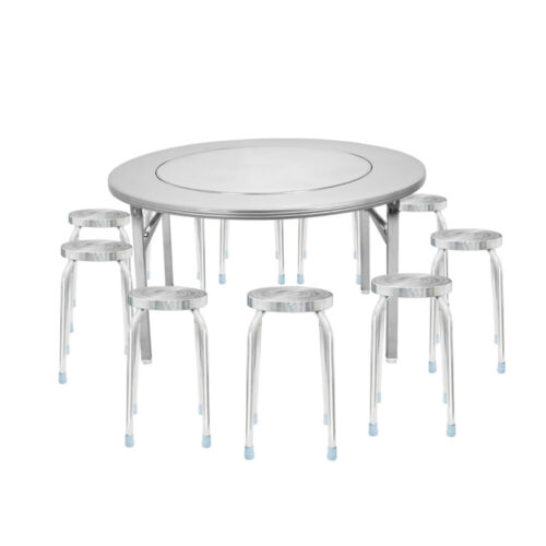 Combo Bàn inox SUPER xoay 1m4 chân xếp 304 + 10 Ghế đẩu inox DONA mặt 30 phi 25 bông