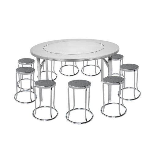 Combo Bàn inox SUPER xoay 1m4 chân xếp 304 + 10 Ghế đôn inox DONA mặt 30 phi 19 201
