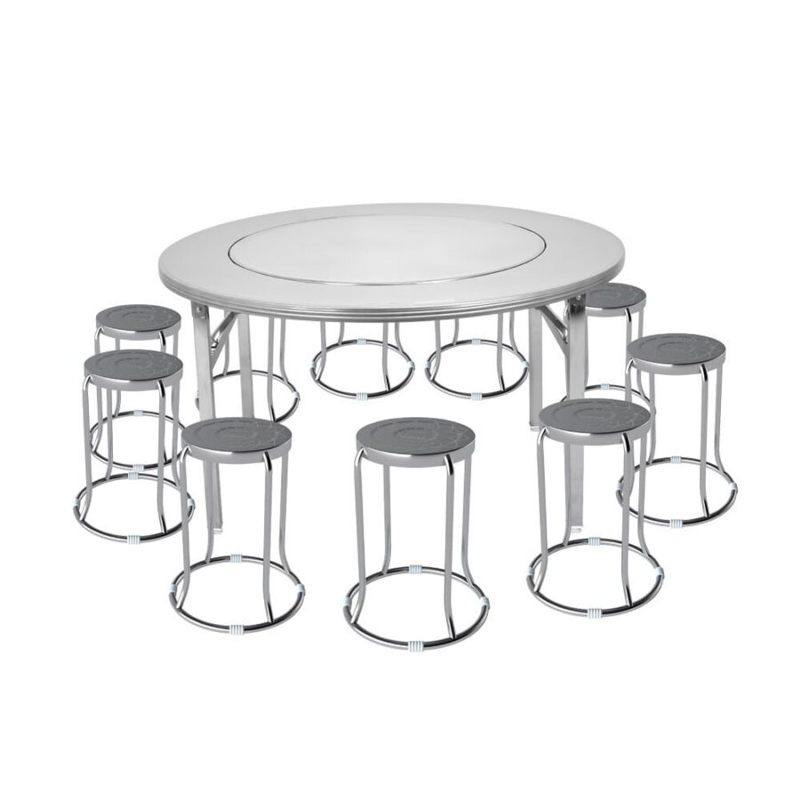 Combo Bàn inox SUPER xoay 1m4 chân xếp 304 + 10 Ghế đôn inox DONA mặt 30 phi 19 201