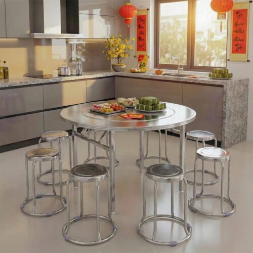 Combo Bàn inox SUPER xoay 1m4 chân xếp 304 + 10 Ghế đôn inox DONA mặt 30 phi 19 304