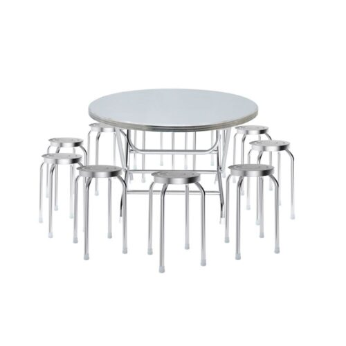 Combo Bàn inox WIN 1m2 4U cạnh vuông + 10 Ghế đẩu inox DONA mặt 30 phi 25 bông
