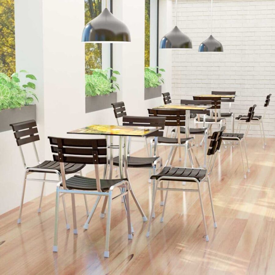 Combo Bàn kiếng Deli 6 tấc chân Eiffel + 4 Ghế inox Deli Clever