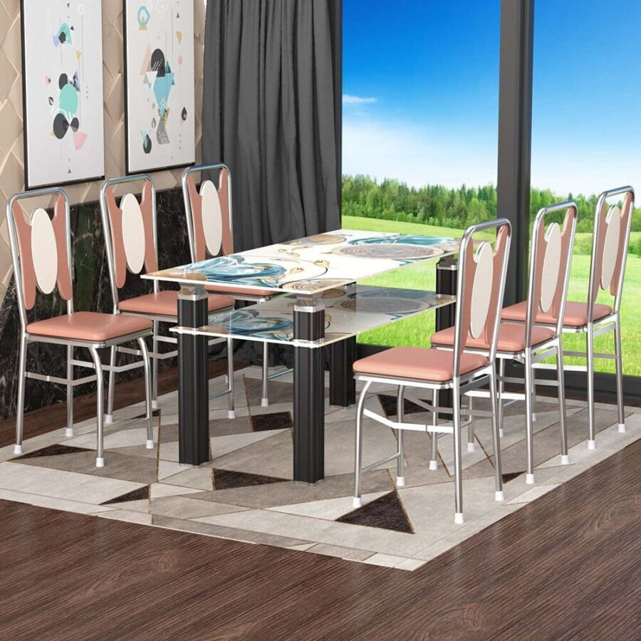 Combo Bàn kiếng Felix cường lực 2 tầng chân tai thỏ in 4D- Cá vàng bơi + 6 Ghế xếp nệm inox DELI Monkey phi 25 – Da bò