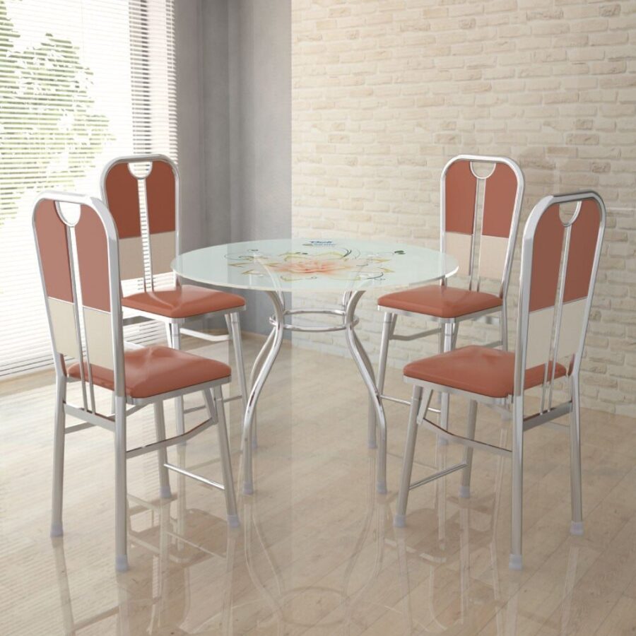 Combo Mặt kiếng Deli 8 tấc chân Pisa – Chân bàn kiếng inox PISA 8 tấc + 4 Ghế xếp nệm inox DONA Cali phi 32